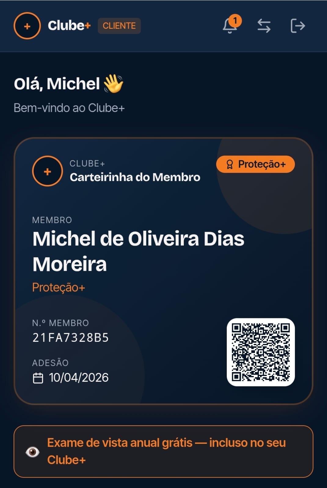Carteirinha do membro no Clube+