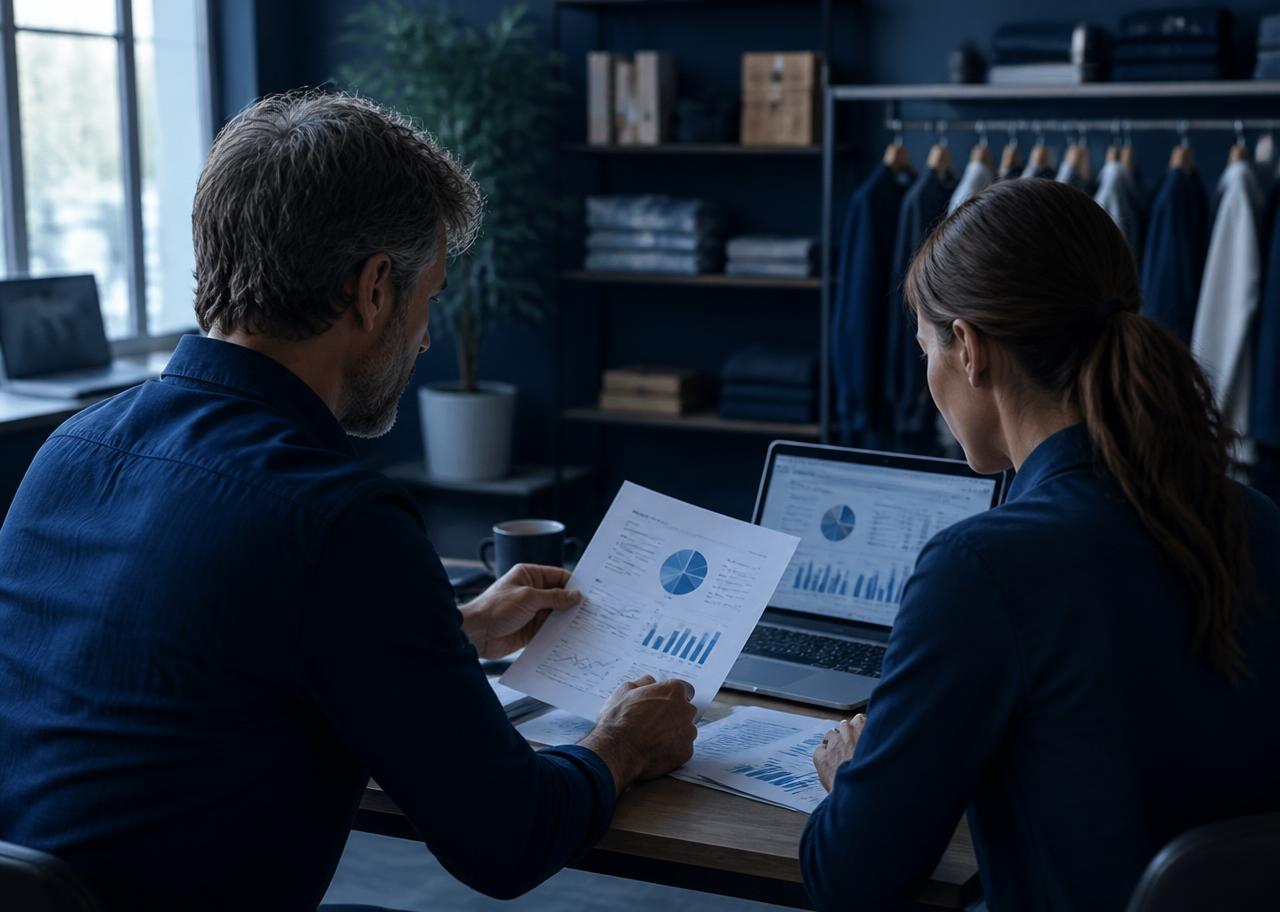 Gestor analisando indicadores comerciais em um painel de acompanhamento