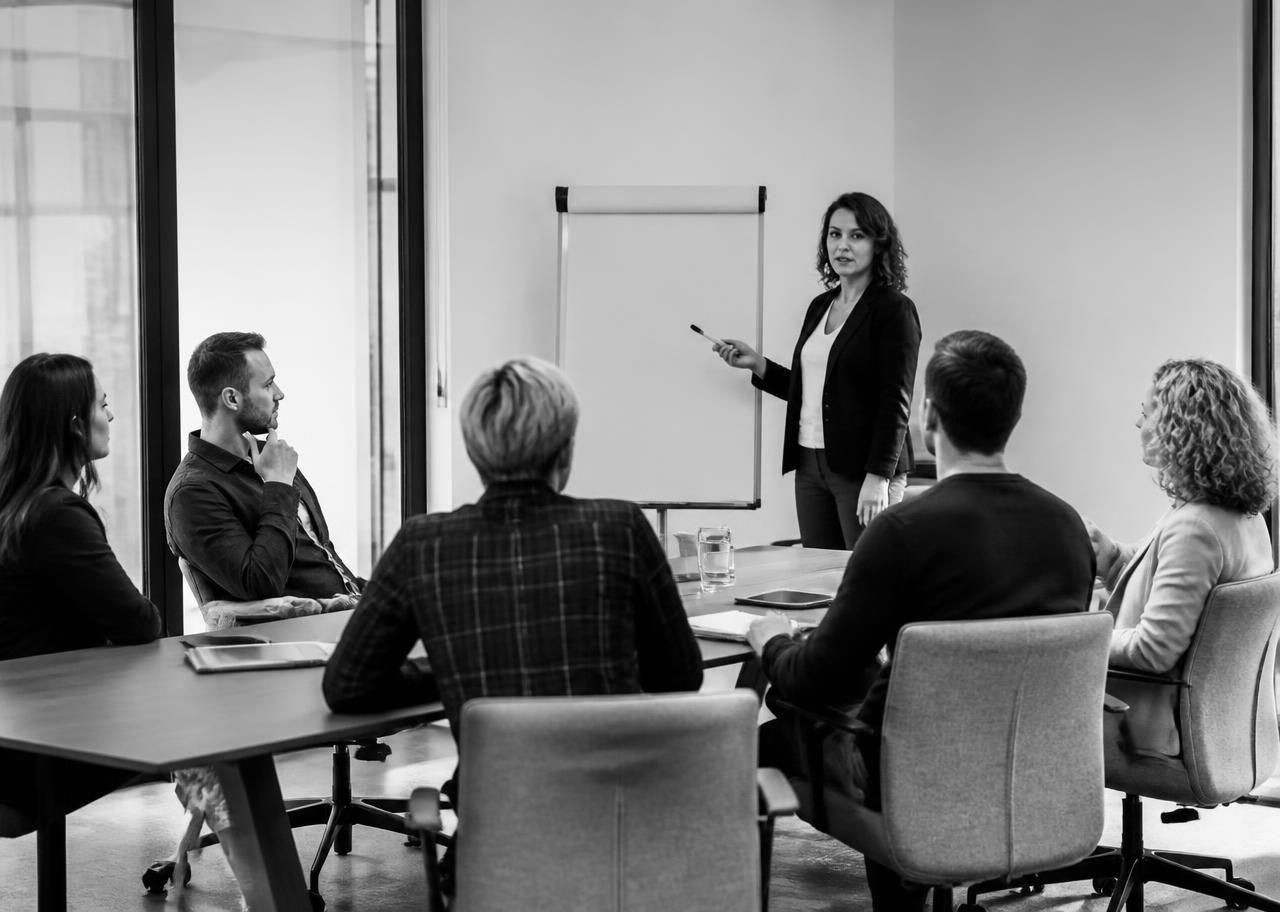 Equipe de vendas reunida em treinamento comercial conduzido por uma facilitadora